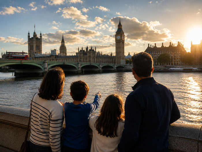 Family admiring the iconic London skyline from the River Thames during a tailor-made family vacation in England with High Point Holidays.