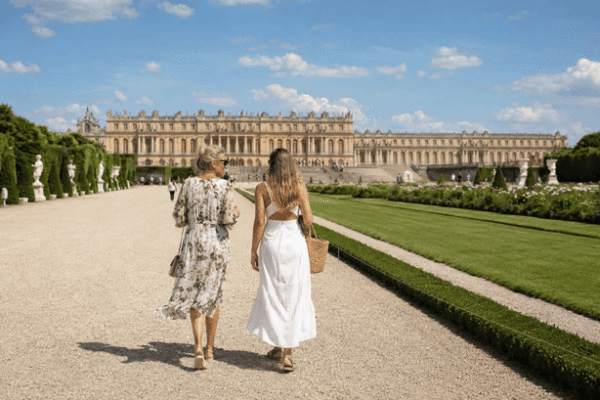 Mother and daughter walking toward the Palace of Versailles through the formal gardens — Girls' Trip / Mother & Daughter experience with High Point Holidays.