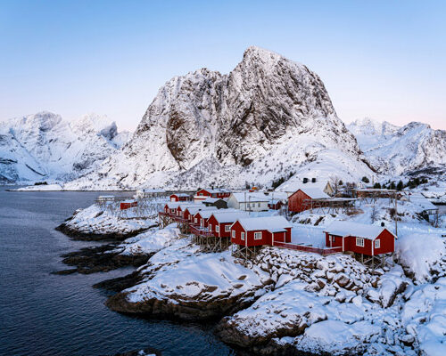 Lofoten Islands Norway with dramatic mountains, fjords and colourful fishing villages