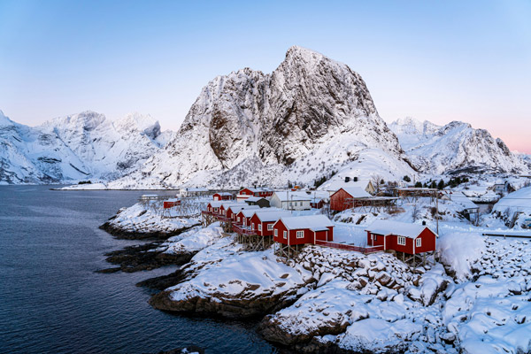 Lofoten Islands Norway with dramatic mountains, fjords and colourful fishing villages