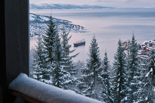 Panoramic views of Narvik Norway across snow-covered mountains and surrounding fjords